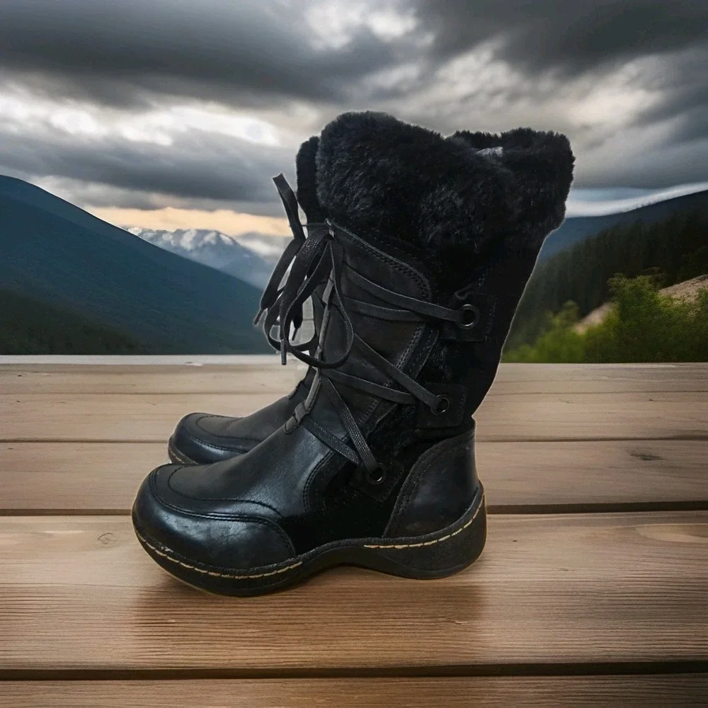Bear Traps Black Eloquent‎ Winter Boots Faux Fur size 6M Zip & Tie EUC
